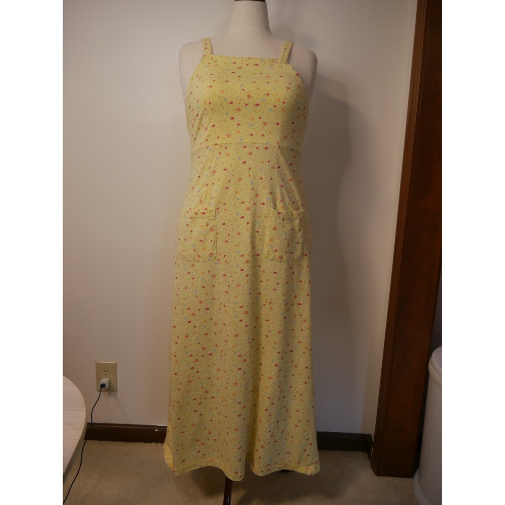 90s Y2K Yellow‎ Floral Maxi Dress Square Neck Pockets Summer Pinafore Sz L